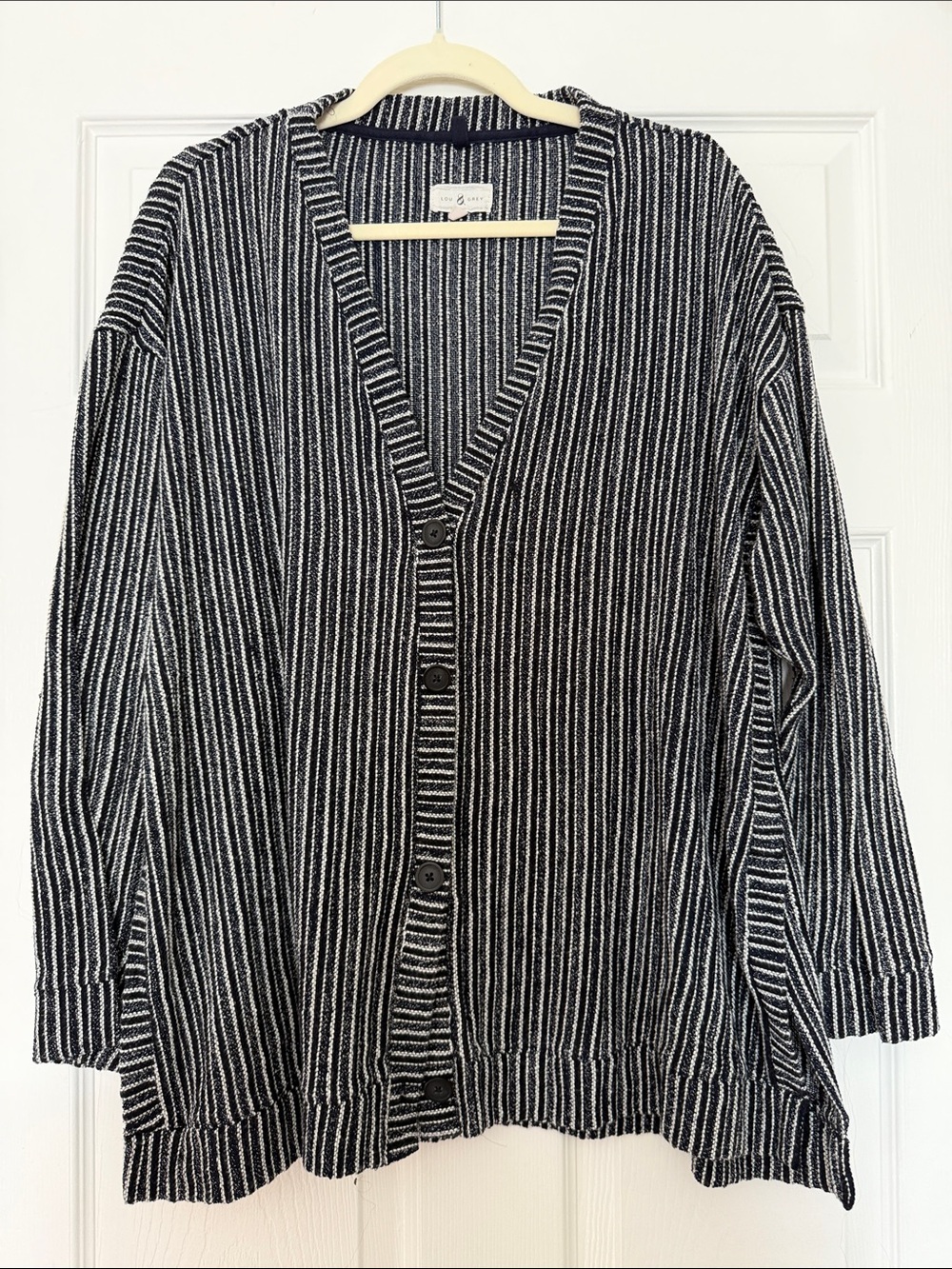 Lou & Grey Black and White Striped V-Neck Button Cardigan